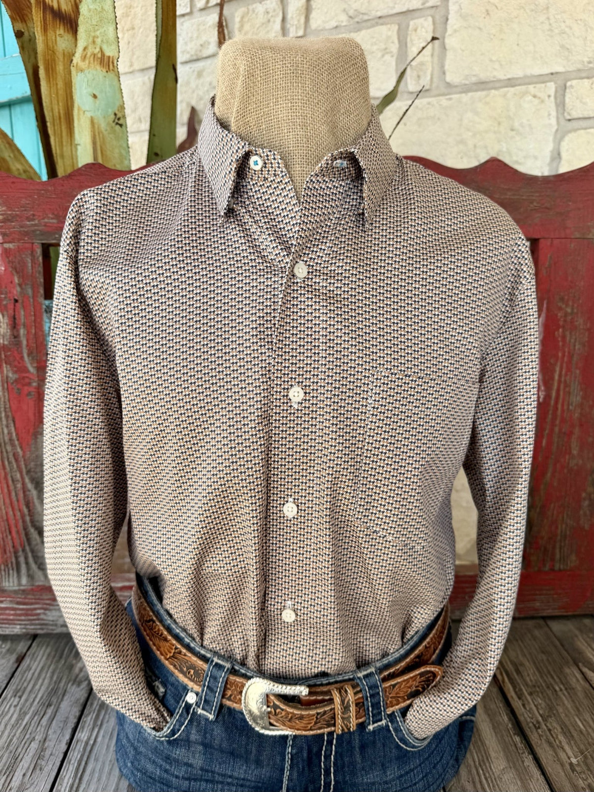 Men's white, navy and tan houndstooth-style long-sleeve shirt with button-down collar, light buttons and single chest pocket — Blair's Western Wear Marble Falls TX