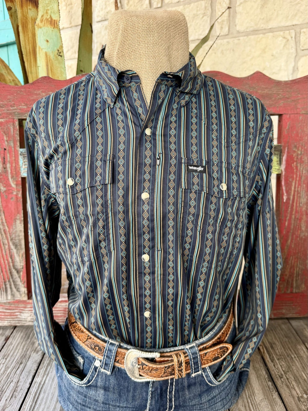 Men's navy and turquoise diamond-striped long-sleeve shirt with point collar, pearl-style snaps and two flap chest pockets — Blair's Western Wear Marble Falls TX