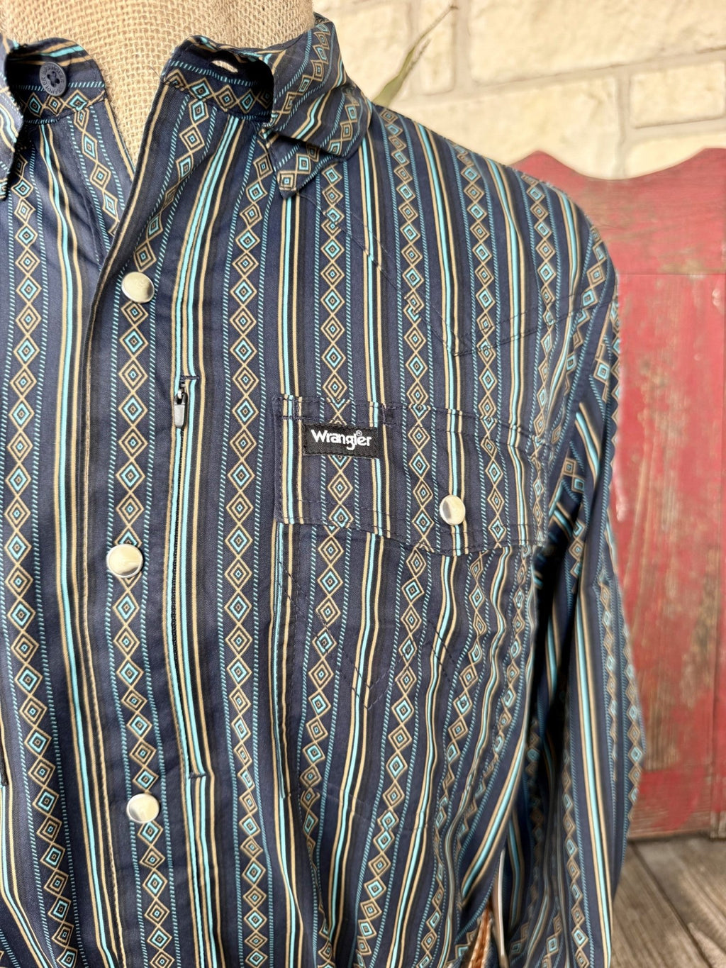 Men's Wrangler Navy & Turquoise Diamond Stripe Snap Shirt