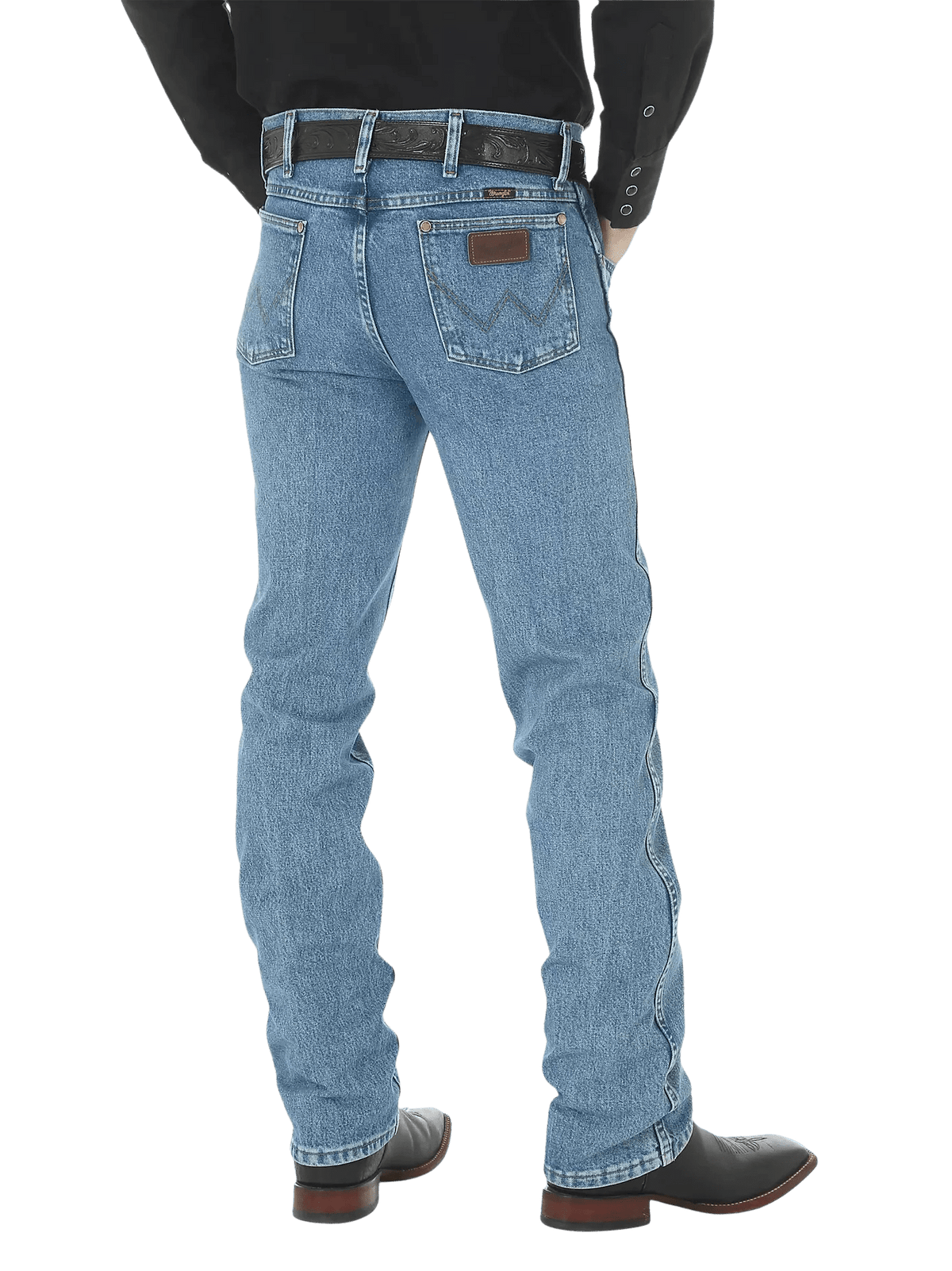 Men's slim fit Cowboy Cut blue jean with Wrangler patch, boot-cut leg opening, and light wash indigo denim — Blair's Western Wear Marble Falls TX
