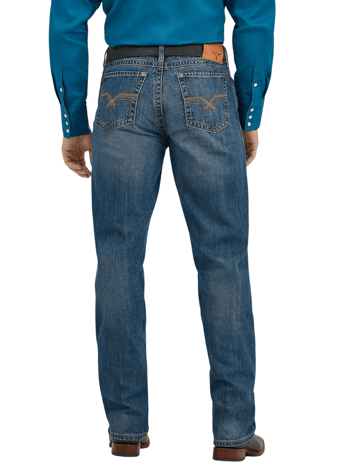 Rear view of a man wearing blue denim jeans with a brown leather belt and a bright blue long-sleeve shirt, shown against a plain white background.