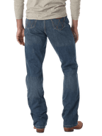 Men's relaxed fit Wrangler Retro bootcut blue jean with W-stitch back pockets, mid rise, and boot-friendly leg opening — Blair's Western Wear Marble Falls TX
