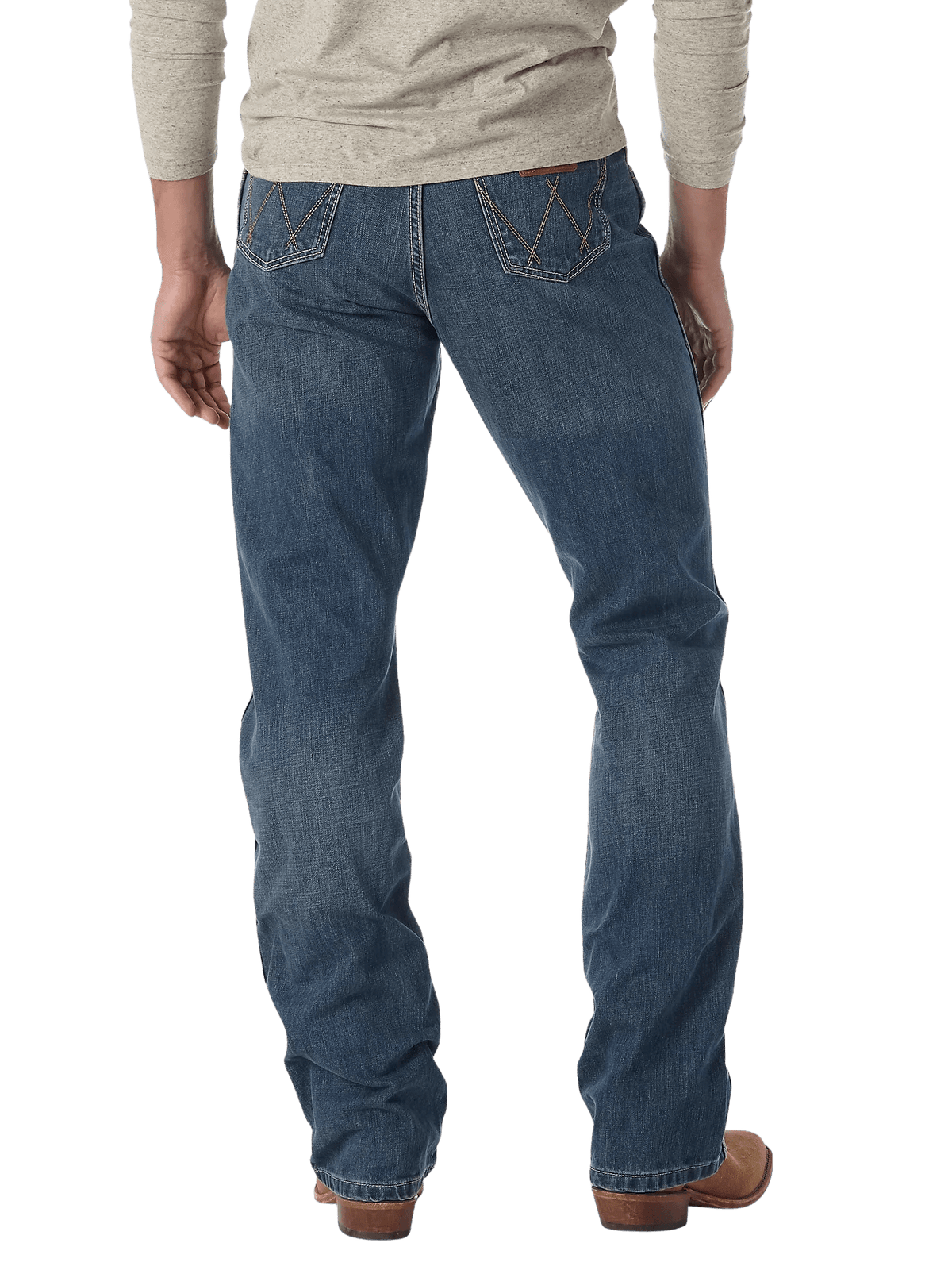 Men's relaxed fit Wrangler Retro bootcut blue jean with W-stitch back pockets, mid rise, and boot-friendly leg opening — Blair's Western Wear Marble Falls TX