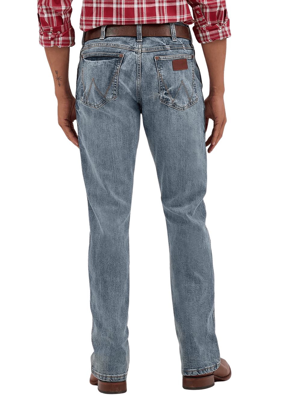 Men's slim bootcut Wrangler Retro blue jean with W-stitch back pockets, rope logo leather patch, and boot-friendly leg opening — Blair's Western Wear Marble Falls TX
