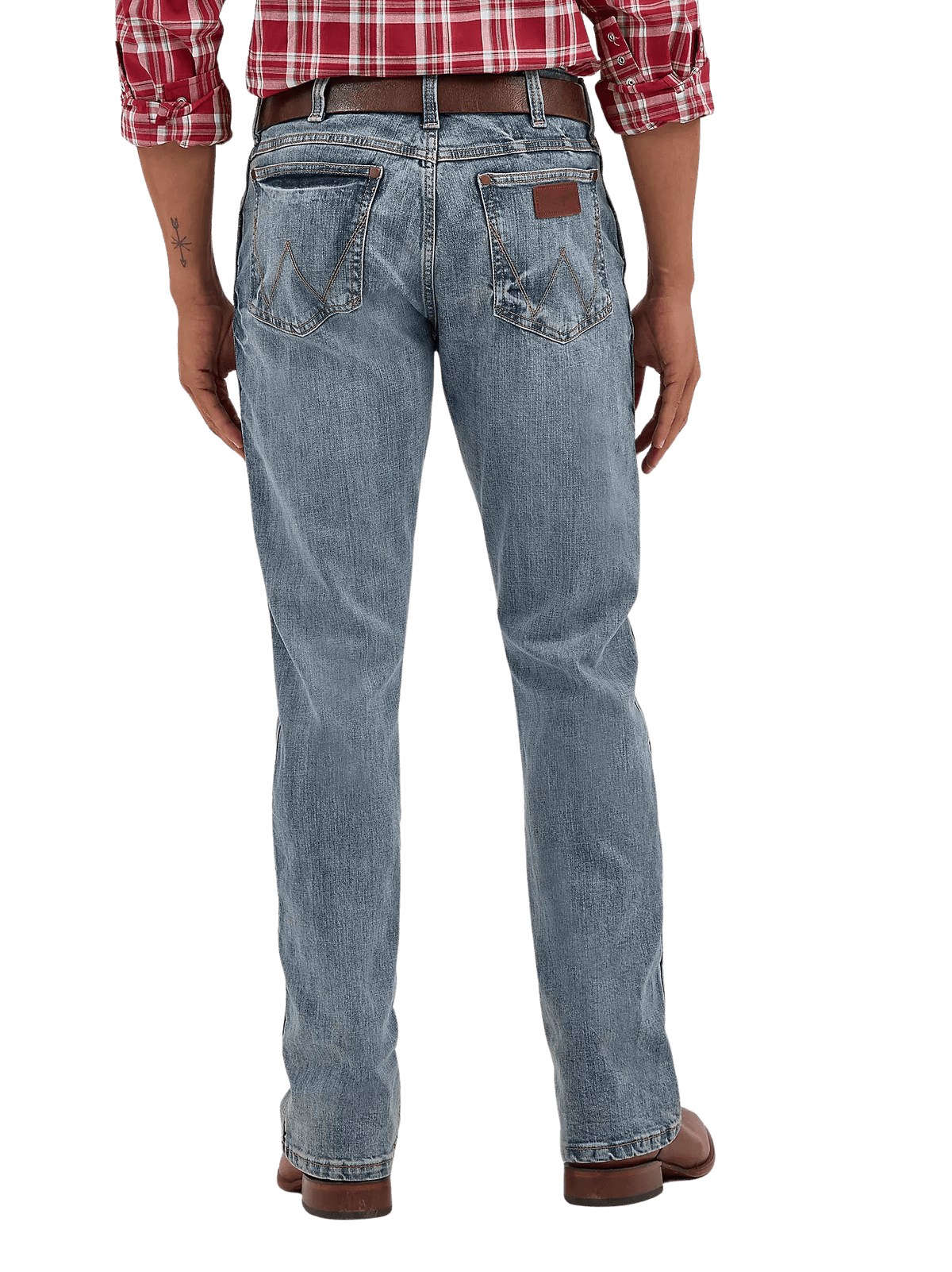 Men's slim bootcut Wrangler Retro blue jean with W-stitch back pockets, rope logo leather patch, and boot-friendly leg opening — Blair's Western Wear Marble Falls TX