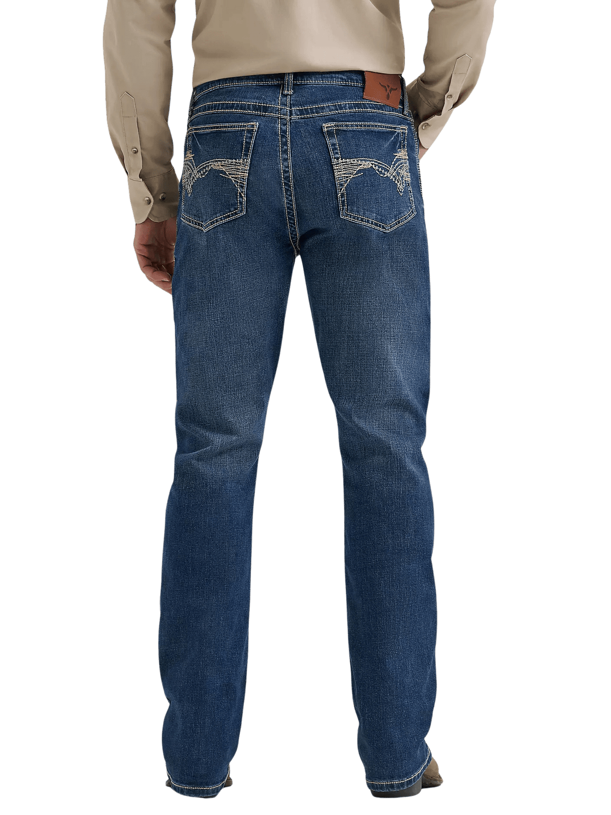 Rear view of a person wearing blue denim jeans with a beige long-sleeve shirt, shown against a plain white background.