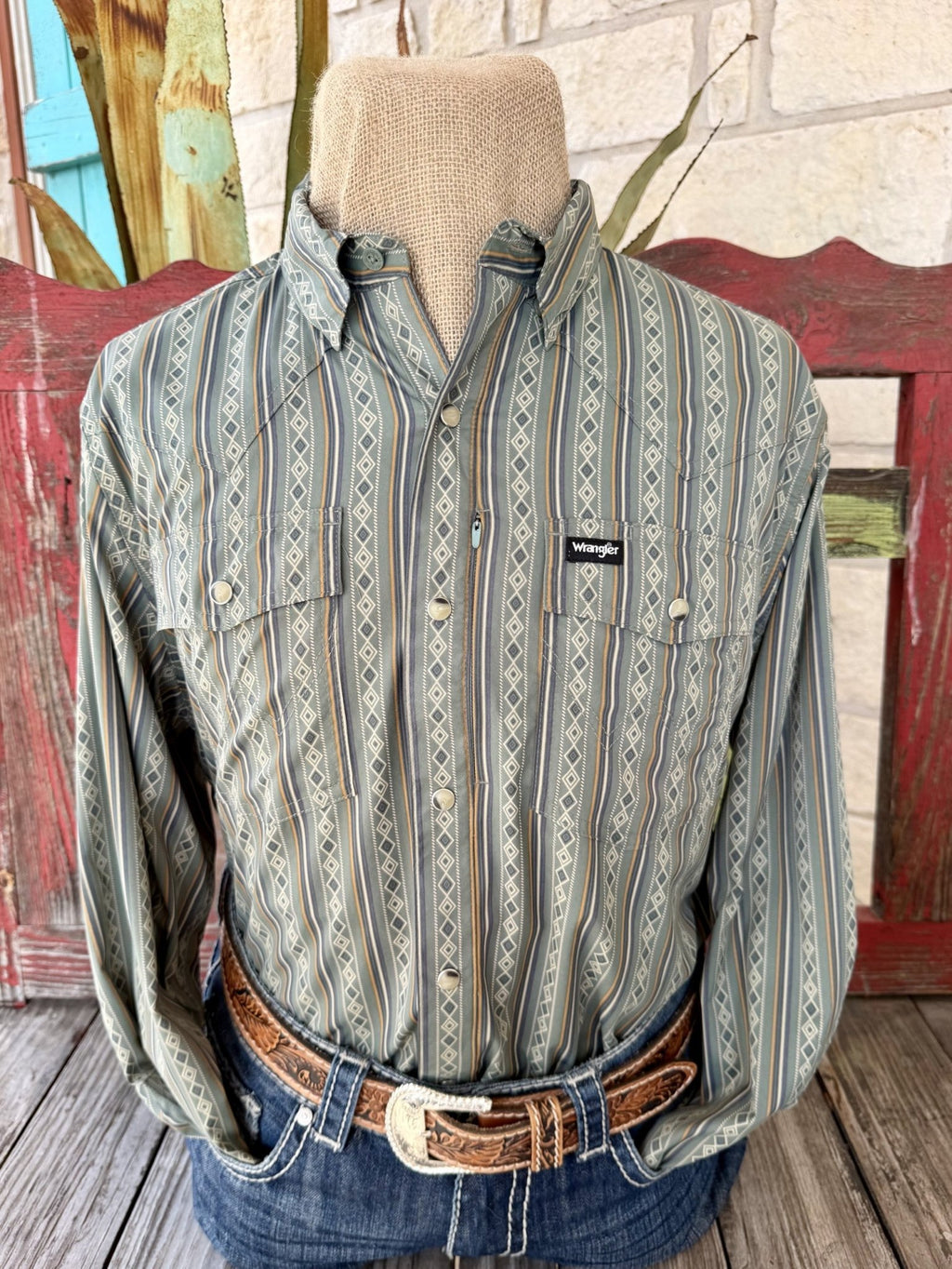 Men's sage-and-gold striped long-sleeve shirt with vertical diamond motifs, pearl-style snaps, Western yokes and two flap pockets — Blair's Western Wear Marble Falls TX
