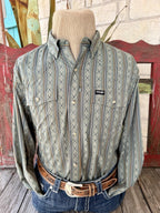 Men's sage-and-gold striped long-sleeve shirt with vertical diamond motifs, pearl-style snaps, Western yokes and two flap pockets — Blair's Western Wear Marble Falls TX