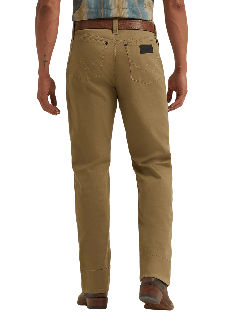 Men's tan straight-fit pants with tonal W-shaped back-pocket stitching, rivets, dark logo patch and full-length legs — Blair's Western Wear Marble Falls TX