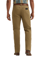 Men's tan straight-fit pants with tonal W-shaped back-pocket stitching, rivets, dark logo patch and full-length legs — Blair's Western Wear Marble Falls TX
