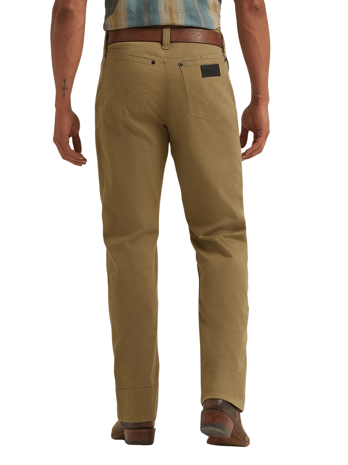 Men's tan straight-fit pants with tonal W-shaped back-pocket stitching, rivets, dark logo patch and full-length legs — Blair's Western Wear Marble Falls TX