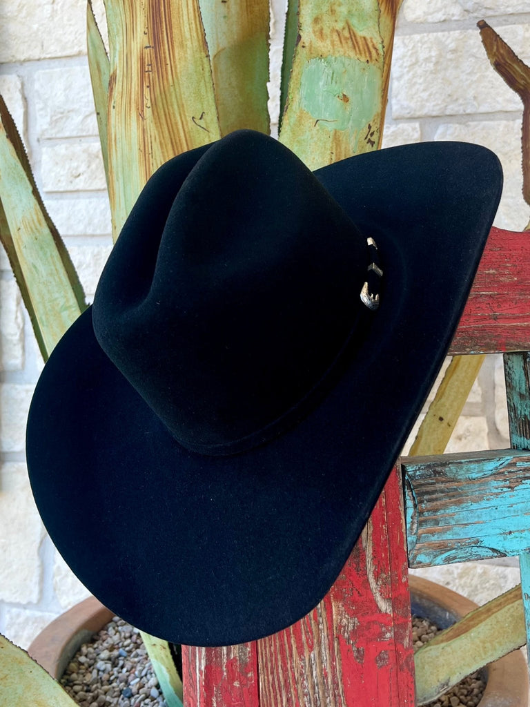 Men's Milano Hat Company Cowboy Hat in black, crafted from genuine 5X Premium Beaver Fur Felt, featuring a classic cattleman crease crown with a matching hatband - MF0557FWRT42. Available at Blair's Western Wear, Marble Falls, TX.