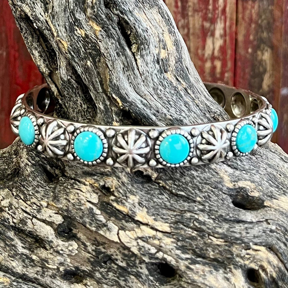 Montana Silversmiths Cuff Bracelet in silver, featuring turquoise stones in starburst settings - BC5031. Available at Blair's Western Wear, Marble Falls, TX.