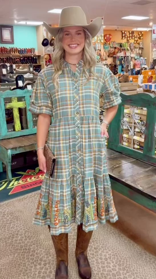 Embroidered Floral Hem Plaid Dress