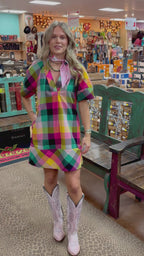 Multicolor Plaid V-Neck Short Sleeve Shift Dress