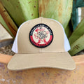 Khaki cap with round red, black and cream Texas character patch and tonal bill stitching — Blair's Western Wear Marble Falls TX