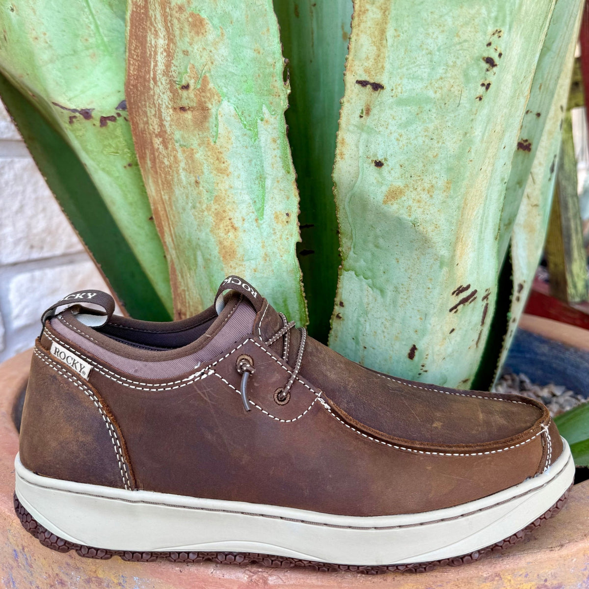 Men’s Rocky slip-on leather shoe in brown, crafted from full-grain leather for lasting wear, with oil- and slip-resistant outsole for secure footing - RKS0698. Available at Blair's Western Wear, Marble Falls, TX.