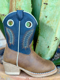 Kids Roper western faux-leather square toe boot in tan and light blue, with large pull holes and a flexible rubber outsole – 9189103638. Available at Blair's Western Wear, Marble Falls, TX.