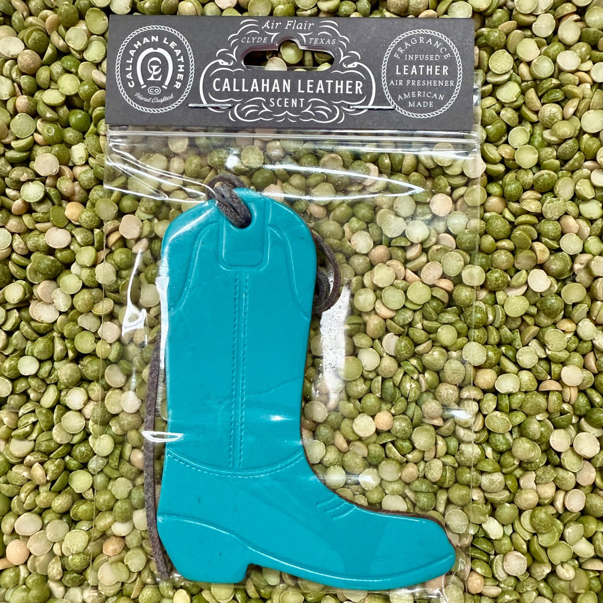 Callahan Leather Cowboy Boot Leather Air Freshener in Turquoise, shaped like a boot for Western style, with long-lasting authentic leather fragrance - AFBOOTTRQLTH. Available at Blair's Western Wear, Marble Falls, TX.