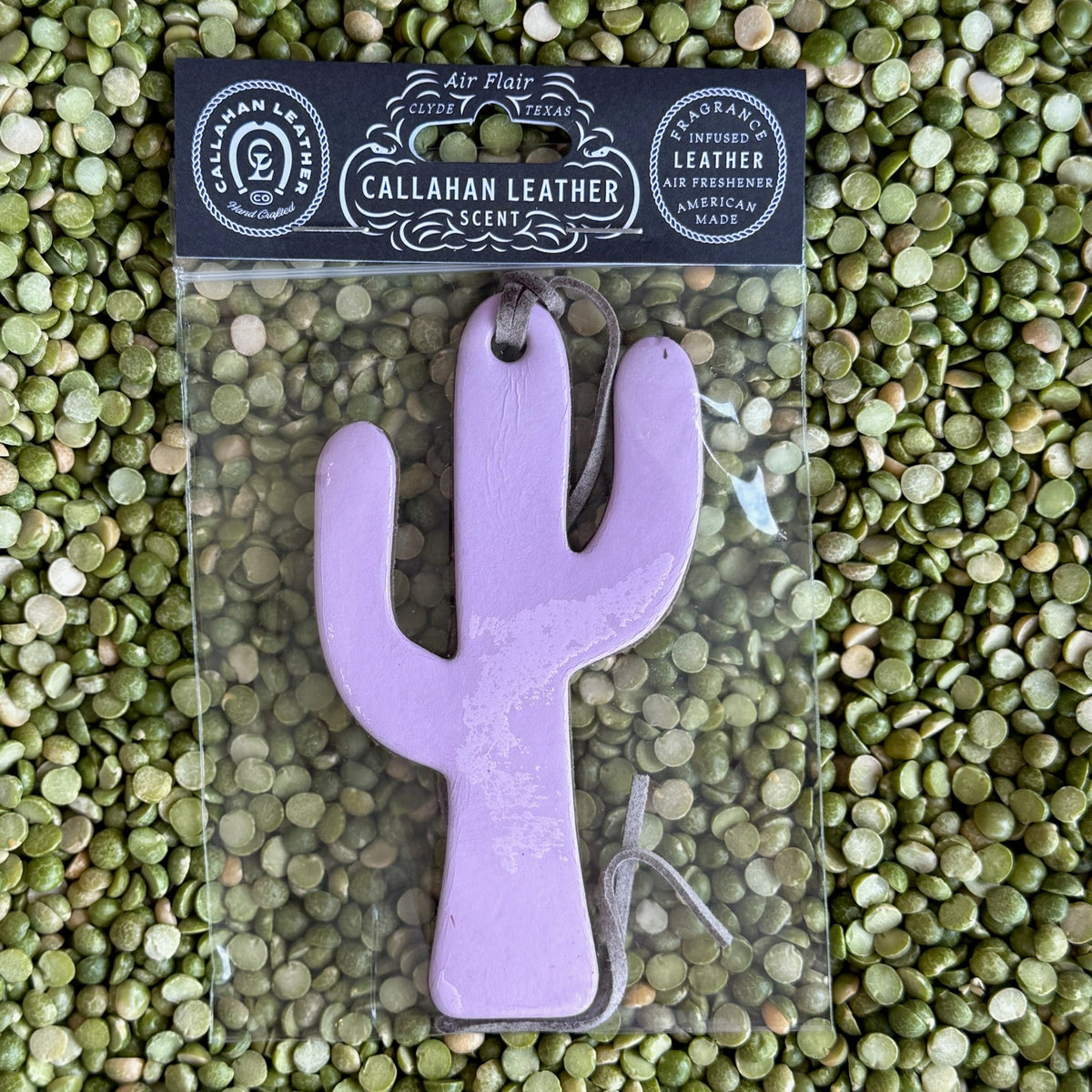 Callahan Leather Air Freshener Cactus Leather in Lavender, handcrafted from full-grain vegetable-tanned leather with signature Callahan leather scent, includes a hanging leather tie – AFCACTLLCLTH. Available at Blair's Western Wear, Marble Falls, TX.