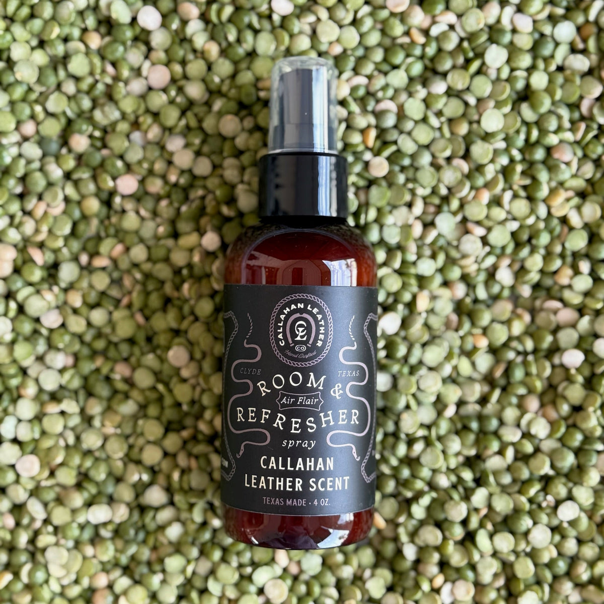 Callahan Leather Room & Refresher Spray in Leather scent, crafted in Texas with an authentic leather fragrance reminiscent of a new car and saddle shop, in a 4 oz fine mist spray format that refreshes rooms, cars, leather goods - RSPRAYLTHR. Available at Blair's Western Wear, Marble Falls, TX.