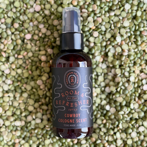 Callahan Leather Room Spray in Cowboy Cologne Scent, crafted in Texas for a bold Western fragrance, with a 4 oz. amber bottle ideal for on-the-go freshness - RSPRAYCC. Available at Blair's Western Wear, Marble Falls, TX.