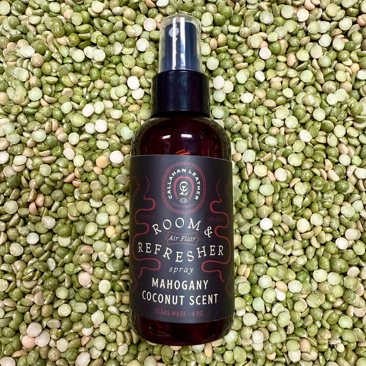 Callahan Leather Room & Refresher Spray in Mahogany Coconut, 4 oz fine-mist sprayer distributes fragrance evenly, with warm mahogany and creamy coconut aroma - RSPRAYMC. Available at Blair's Western Wear, Marble Falls, TX.