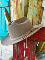 Men's Stetson Hat Royal Deluxe Natural Felt, featuring a 4 ¼" cattleman crown, 2 ¾" bound edge brim, grosgrain hat band, and "JBS" branding-iron hat pin - TFROP3626. Available at Blair's Western Wear, Marble Falls, TX.