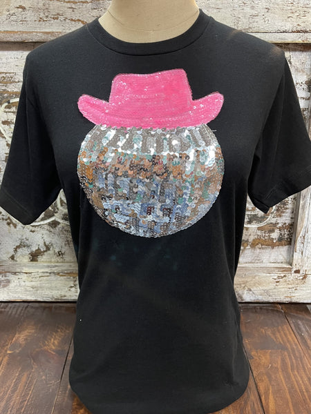 Ladies Black T-shirt with sequin Disco Cowboy - Blair's Western Wear Marble Falls, TX 