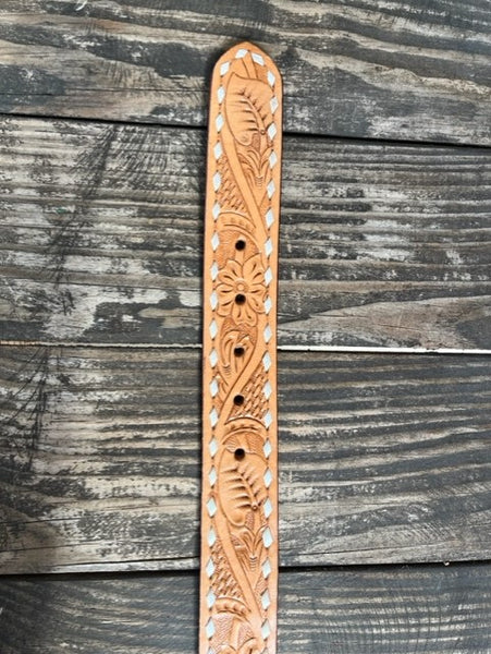Men's Tan Tooled Leather Belt with Etched Buckle - 26FK17 - Blair's Western Wear Marble Falls, TX