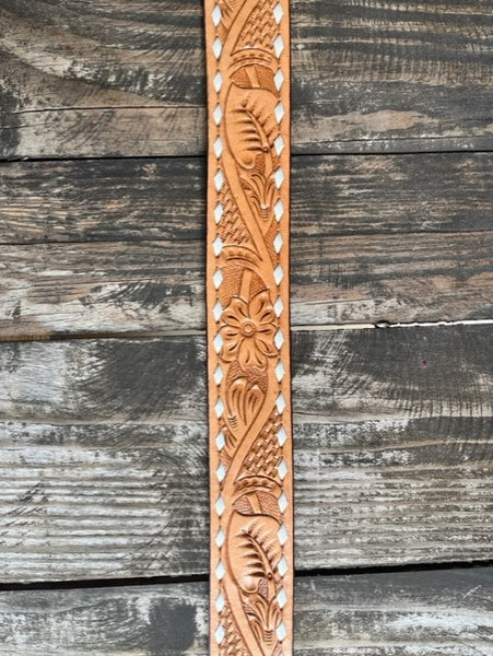 Men's Tan Tooled Leather Belt with Etched Buckle - 26FK17 - Blair's Western Wear Marble Falls, TX