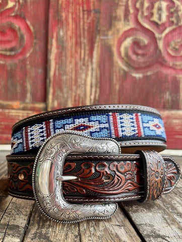 Men's Tooled Belt With Woven Aztec Design - C14175 - Blair's Western Wear Marble Falls, TX 