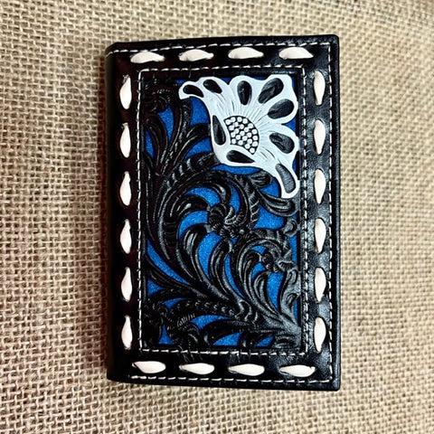 Men's Tooled Leather Overlay Wallet in Black/Blue/White - N5415227 - Blair's Western Wear Marble Falls, TX 