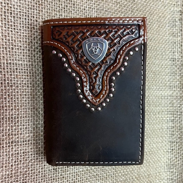 Men's Trifold Ariat Wallet with Tooled Leather and Stud/Concho Detailing in Brown/Dark Chocolate - A3553502 - Blair's Western Wear in Marble Falls, TX 