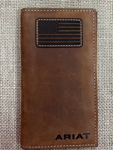 Men's Ariat Checkbook Wallet in Brown Leather w/ Ariat Logo and American Flag Patch - A3548344 - Blair's Western Wear Marble Falls, TX '