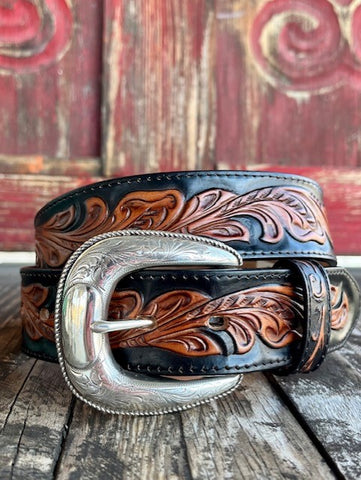 Men's Two-Toned Tooled Leather Belt with Etched Buckle - C42863 - Blair's Western Wear Marble Falls, TX 