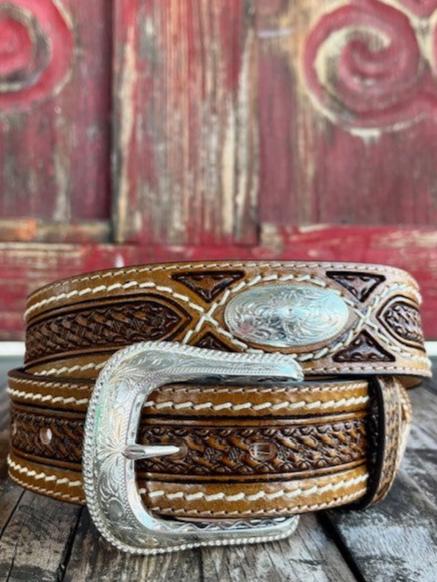 Men's Brown Tooled Leather Belt with Silver Conchos - C42644 - Blair's Western Wear Marble Falls, TX