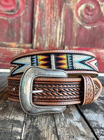 Men's Tooled Leather Belt in Brown with Multi Colored Woven Aztec Middle - C14164 - Blair's Western Wear Marble Falls, TX 