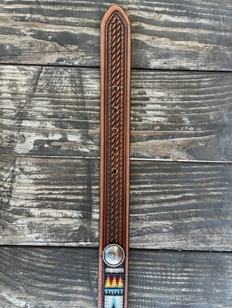 Men's Tooled Leather Belt in Brown with Multi Colored Woven Aztec Middle - C14164 - Blair's Western Wear Marble Falls, TX