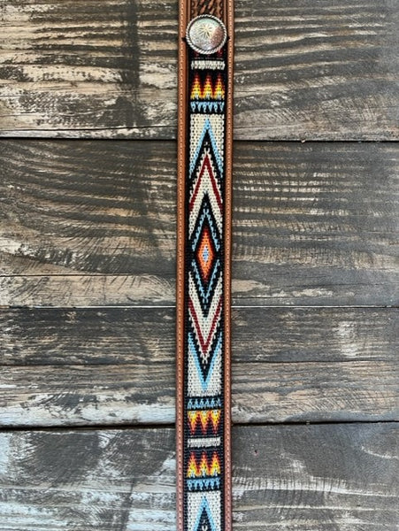 Men's Tooled Leather Belt in Brown with Multi Colored Woven Aztec Middle - C14164 - Blair's Western Wear Marble Falls, TX