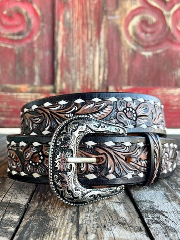 Men's Tooled Leather Belt in Dark Brown & Light Brown Two-Toned Leather - 26FK08 - Blair's Western Wear Marble Falls, TX