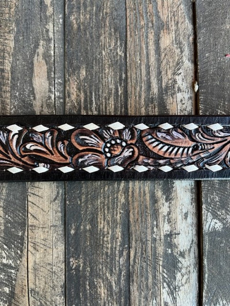 Men's Tooled Leather Belt in Dark Brown & Light Brown Two-Toned Leather - 26FK08 - Blair's Western Wear Marble Falls, TX