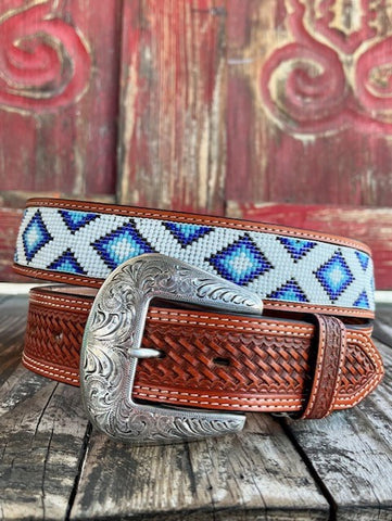 Men's Leather Belt with Tooled Leather & Beaded Aztec Middle - 1728 - Blair's Western Wear Marble Falls, TX 