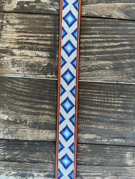 Men's Leather Belt with Tooled Leather & Beaded Aztec Middle - 1728 - Blair's Western Wear Marble Falls, TX