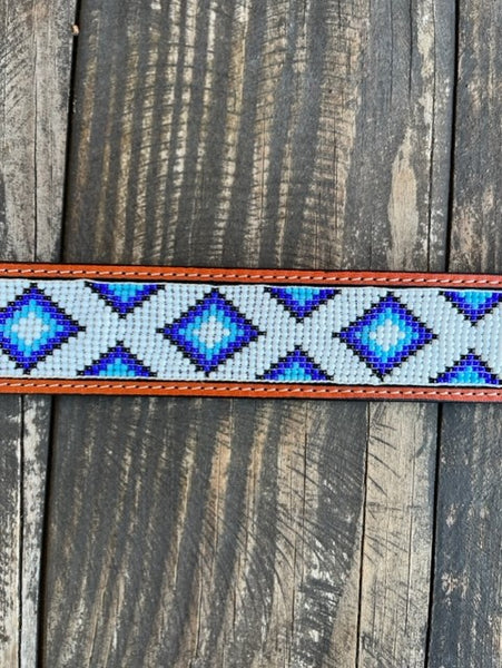 Men's Leather Belt with Tooled Leather & Beaded Aztec Middle - 1728 - Blair's Western Wear Marble Falls, TX