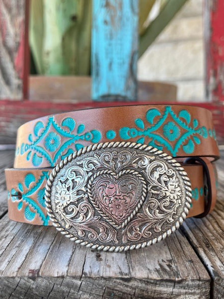 Kids Leather Belt with Turquoise Tooling and Etched Buckle - C30220 - Blair's Western Wear Marble Falls, TX 