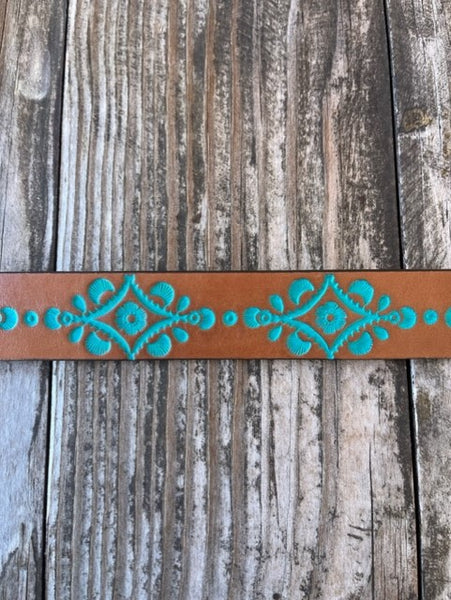 Kids Leather Belt with Turquoise Tooling and Etched Buckle - C30220 - Blair's Western Wear Marble Falls, TX