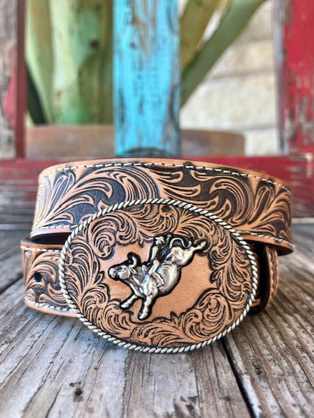 Kid's Tooled Leather Belt in Tan & Chocolate Tooled Leather - D120002108 - Blair's Western Wear Marble Falls, TX 