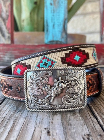 Kid's Aztec & Tooled Leather Belt with Etched Buckle - D120002008 - Blair's Western Wear Marble Falls, TX 