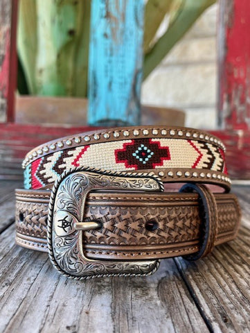 Kid's Tooled Leather Belt with Studs and Woven Aztec Desgin - A1307108 - Blair's Western Wear Marble Falls, TX 